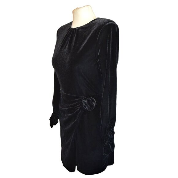 Zara Black Velvet Mini Dress M Long Sleeve Ruched Party Elegant Retro Chic 90s - Picture 2 of 9